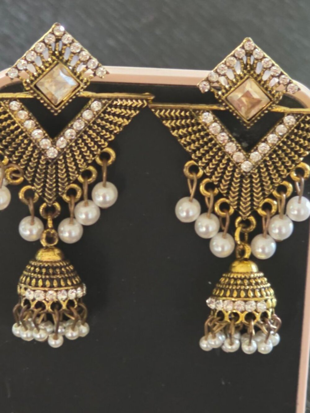 Antique Gold Pearl Crystal Jhumka Chandelier Earrings Statement Garba Navratri